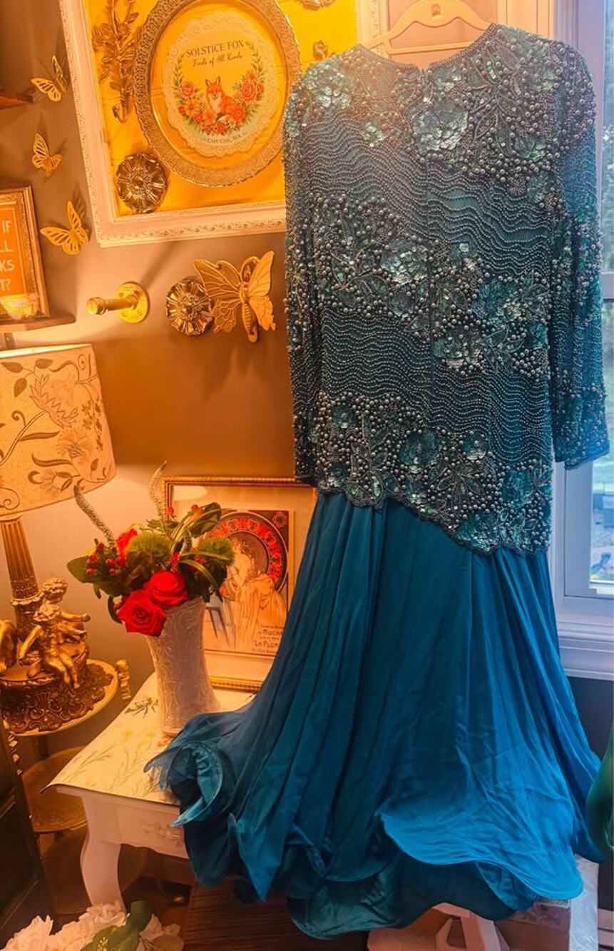 Vintage Black Tie Oleg Cassini Teal Beaded Evening Gown – Size 8